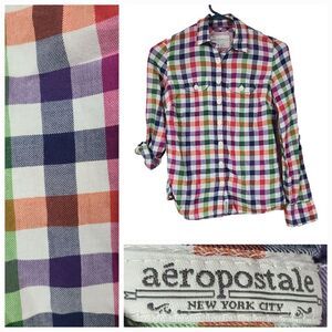 Aeropostale XS Soft Red Blue Check Plaid Button Down Long Sleeve Shirt Y2K 90s